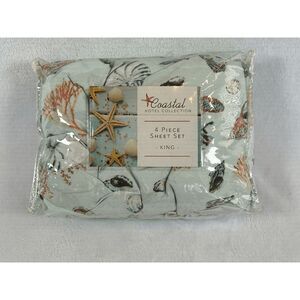 Coastal Hotel Collection King Size Sheet Set, NIB, Beachy, Seashells, Starfish